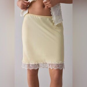 UO Kimchi Blue Addy Lace Trim Satin Slip Midi Skirt - Cream Yellow